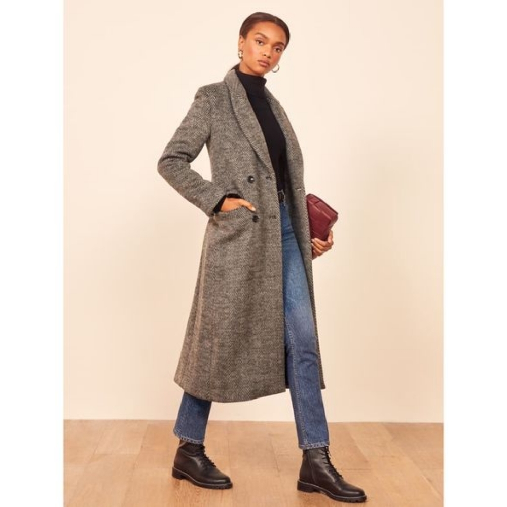 Reformation Gray Herringbone Double-Breasted Pea Coat